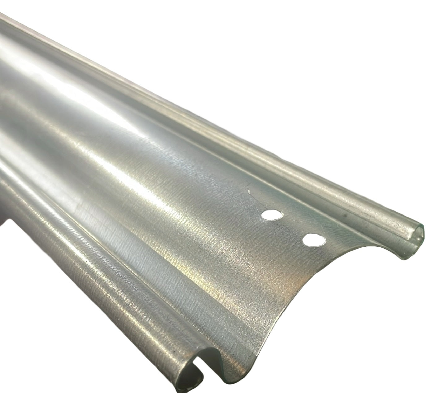 Top view close-up of a 76mm galvanised steel solid shutter lath with a slightly brushed metal finish. On a white background.