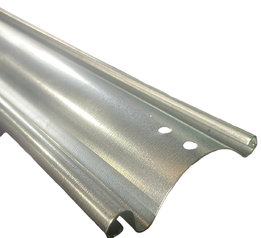 Top view close-up of a 76mm galvanised steel solid shutter lath with a slightly brushed metal finish. On a white background.