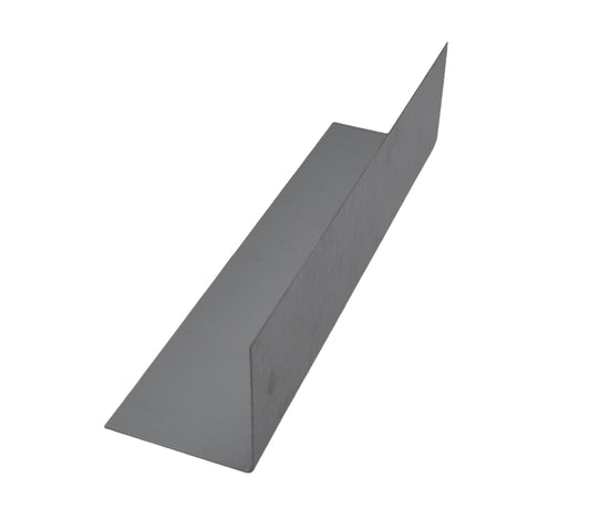 A grey galvanised metal flashing strip with a triangular cross-section. On a white background.