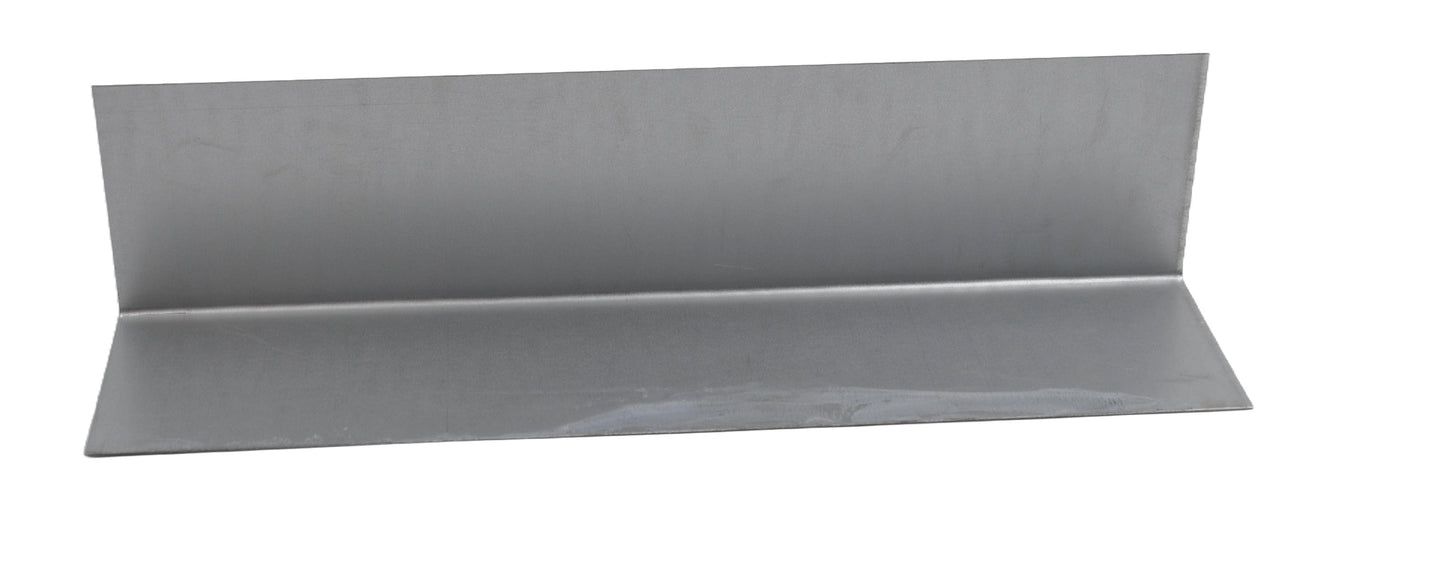 A grey galvanised metal flashing strip with a triangular cross-section. On a white background.