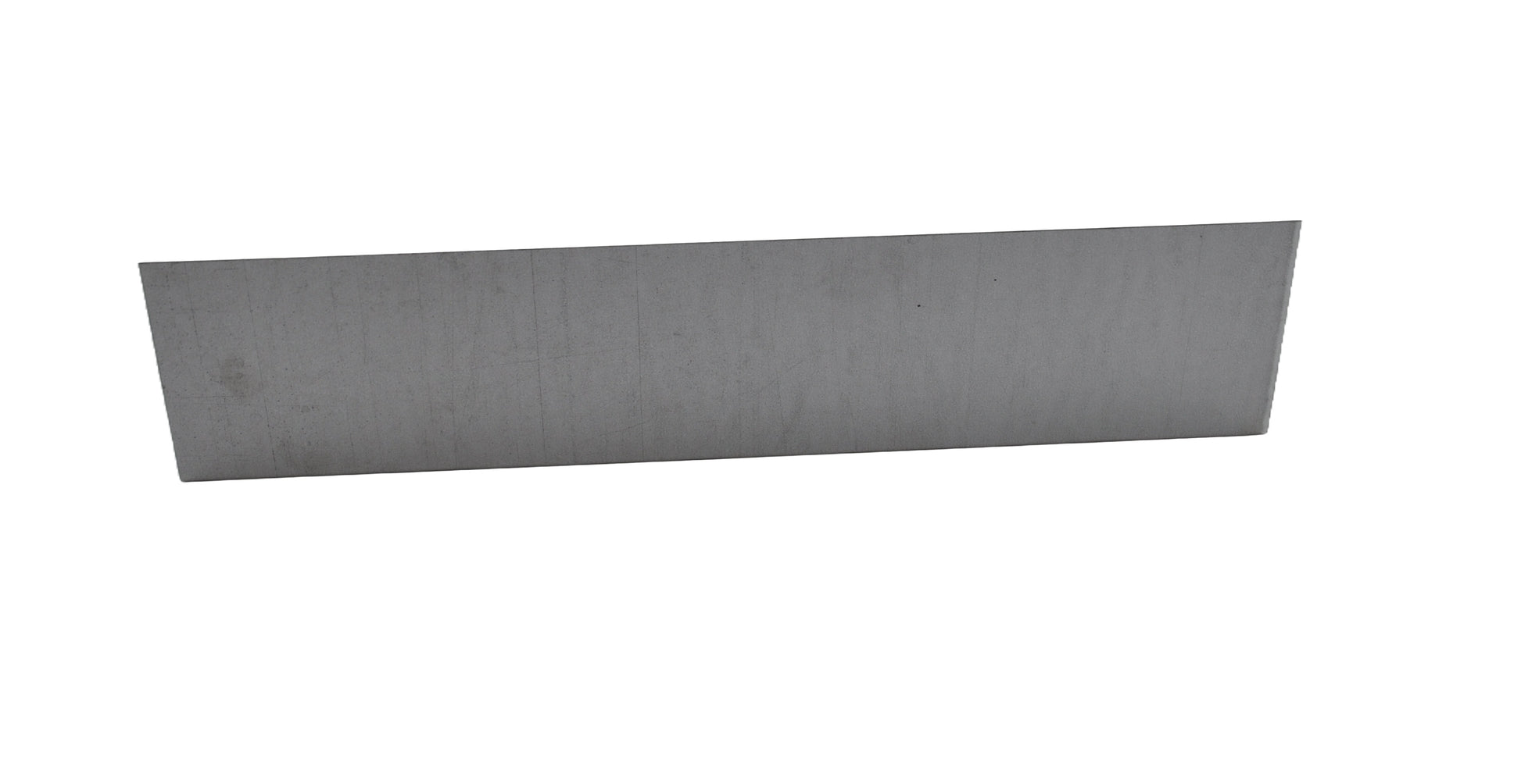 A rear view of a grey galvanised metal flashing strip with a triangular cross-section. On a white background.