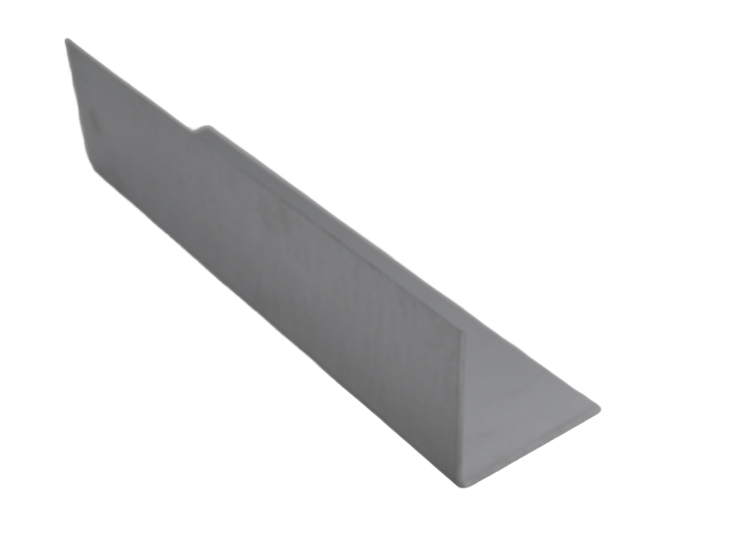 A grey galvanised metal flashing strip with a triangular cross-section. On a white background.