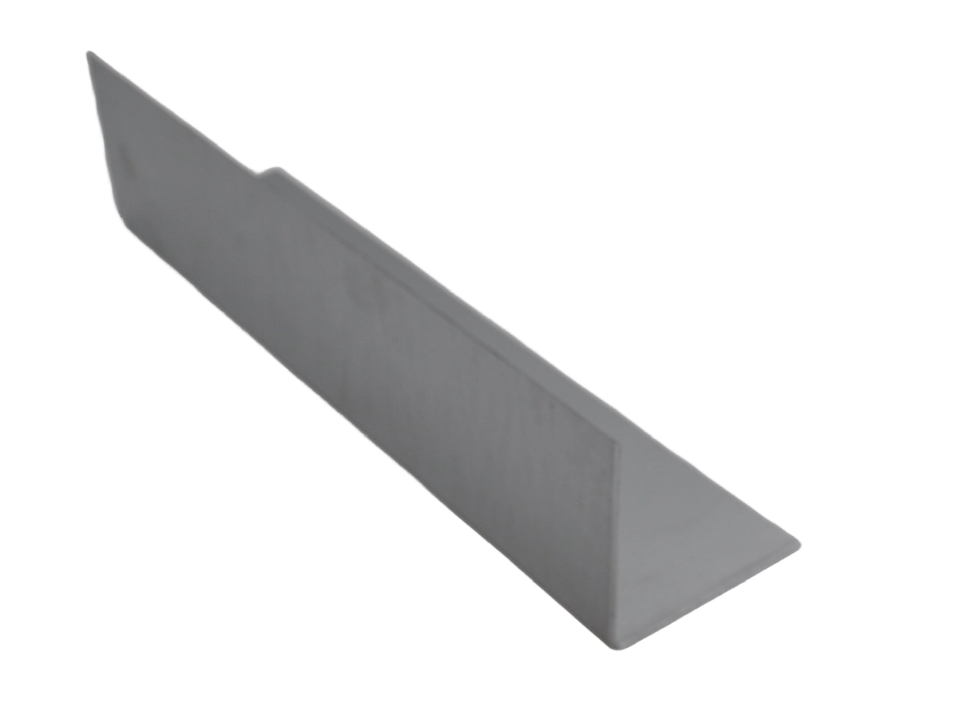 A grey galvanised metal flashing strip with a triangular cross-section. On a white background.