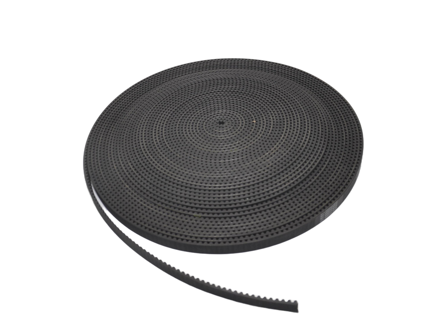 Top view of a black automatic door drive belt with a toothed design, 10mm X 8mm tooth pitch coiled. On a white background.