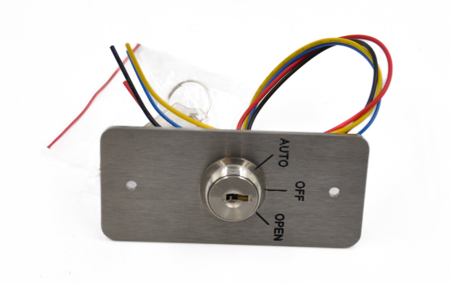 Landscape front view of a 3-Position Key Switch with 'Auto', 'Open', and 'Off' settings, stainless-effect engraved plate, and two keys included