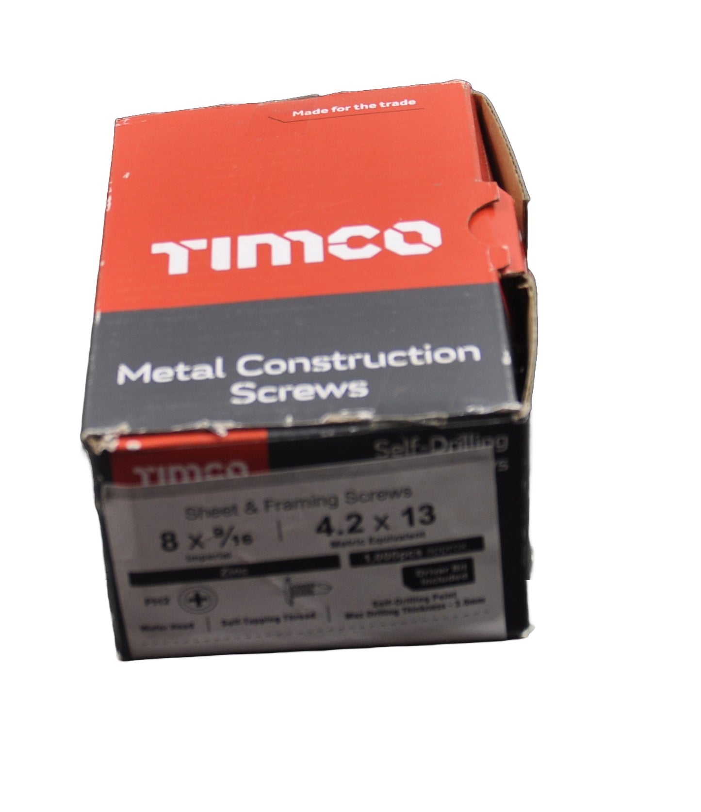 Box of Timco metal construction screws 4.2x13 Wafer Pan Self Drillers on a white background