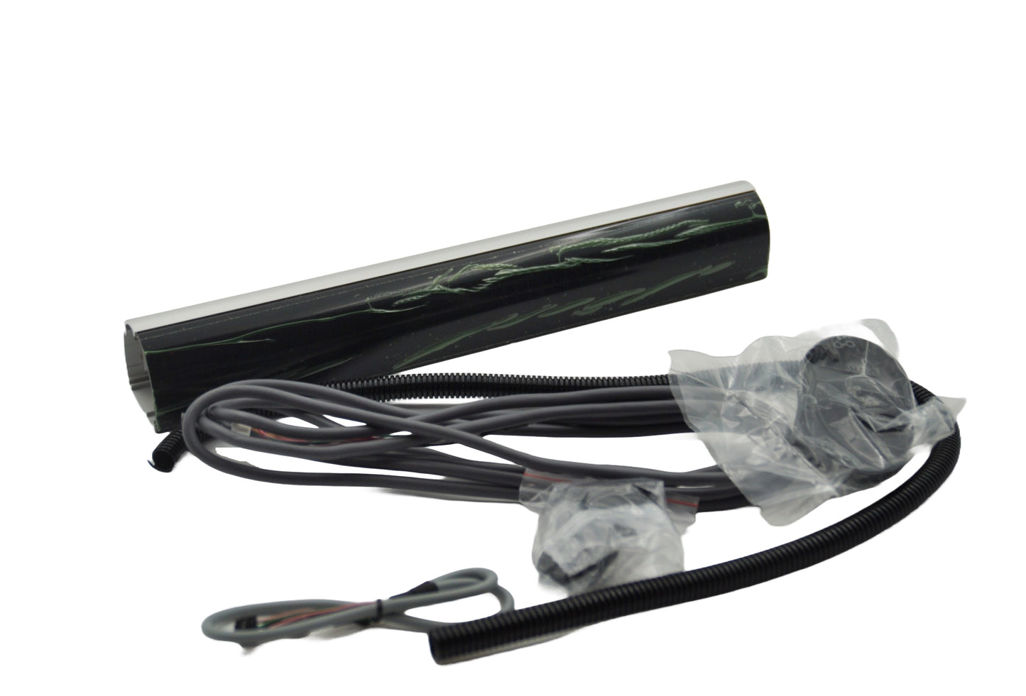 View of a black BEA 360mm Safety sensor with Grey wire in black casing with fixings in plastic on a white background.