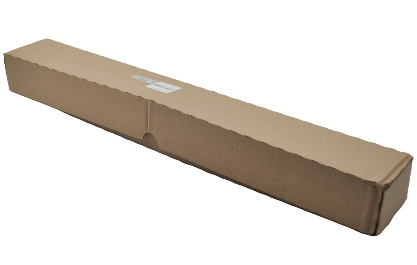 A rectangular brown cardboard box with white label on the top, on a white background.