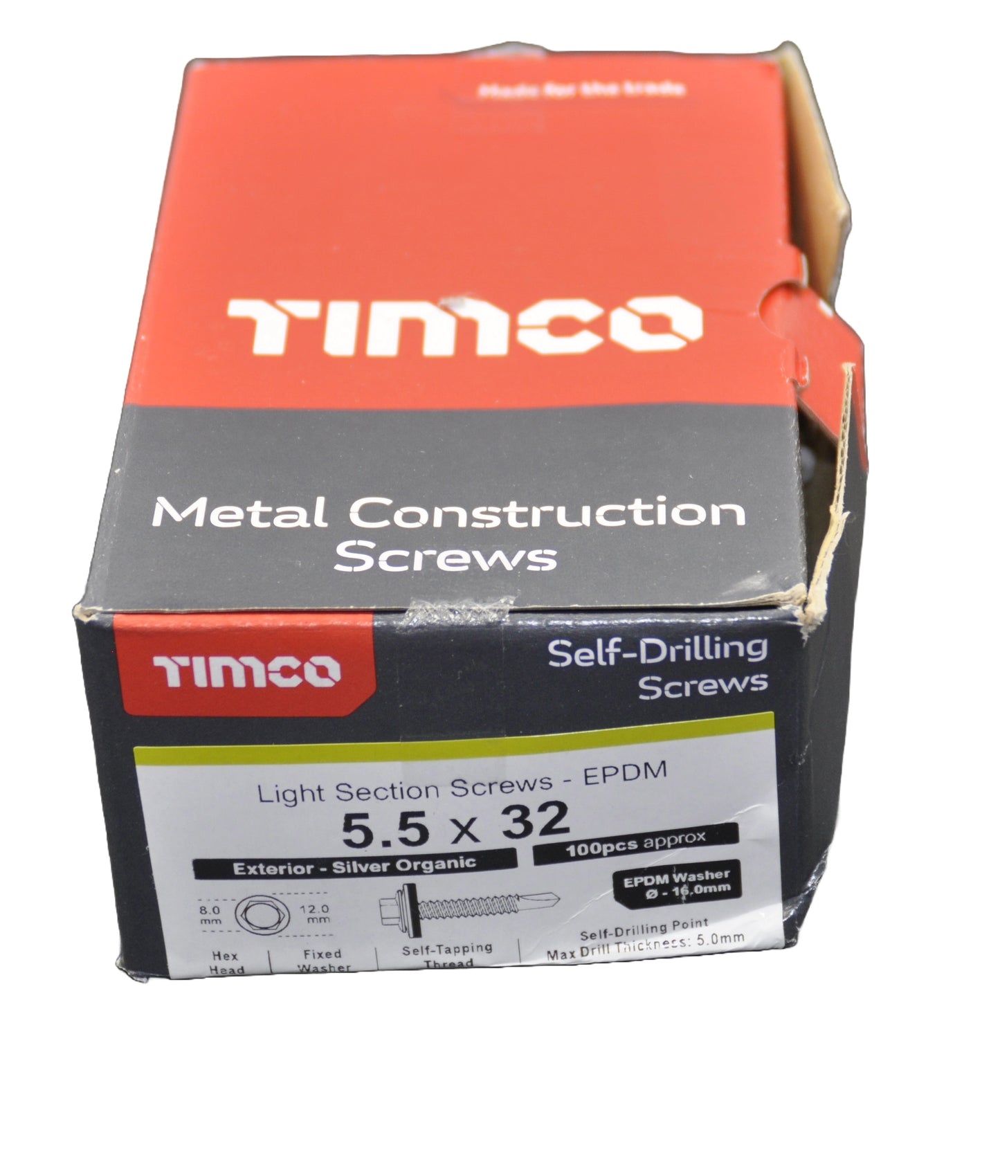 Box of Timco metal construction screws 5.5 x 32 Head Self drilling screws on a white background