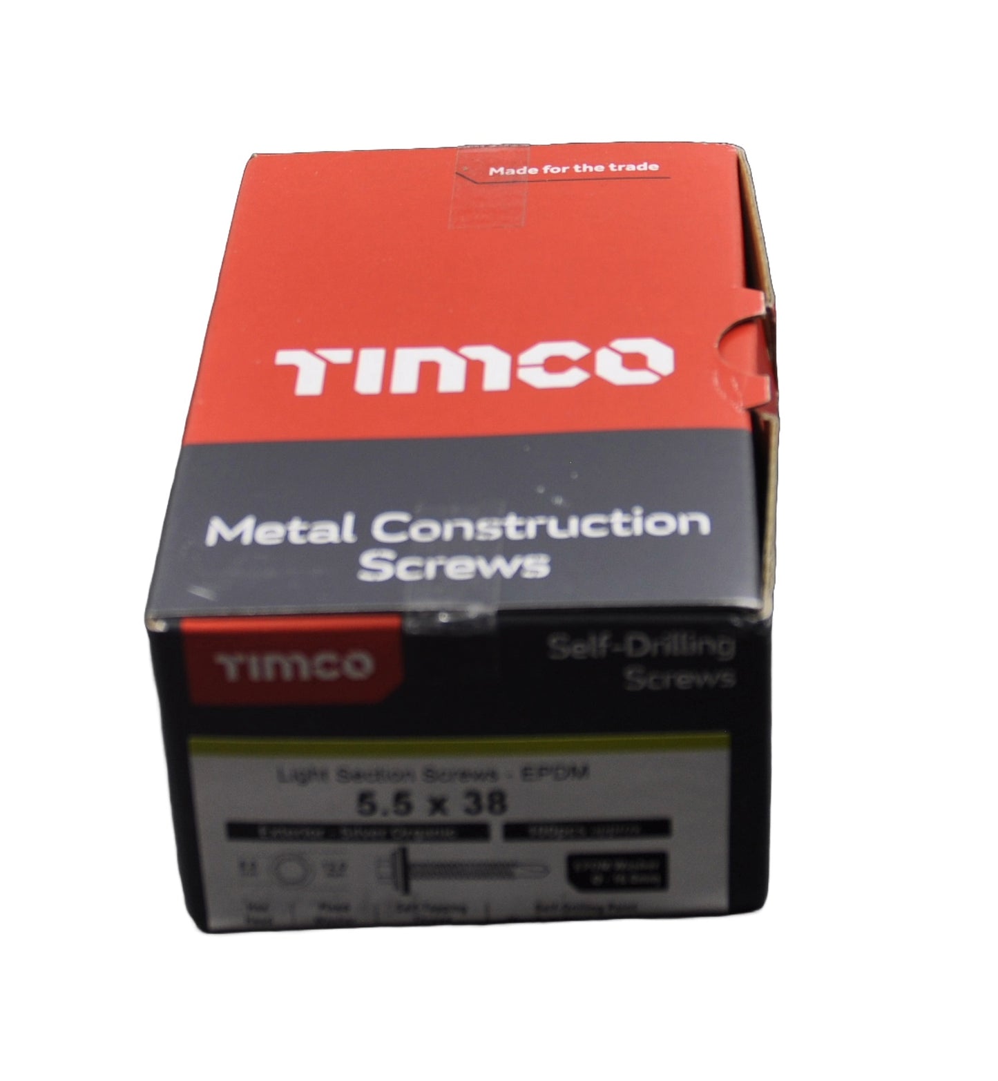Box of TIMCO metal construction screws 5.5 x 38 Hex head self drilling screws on a white background