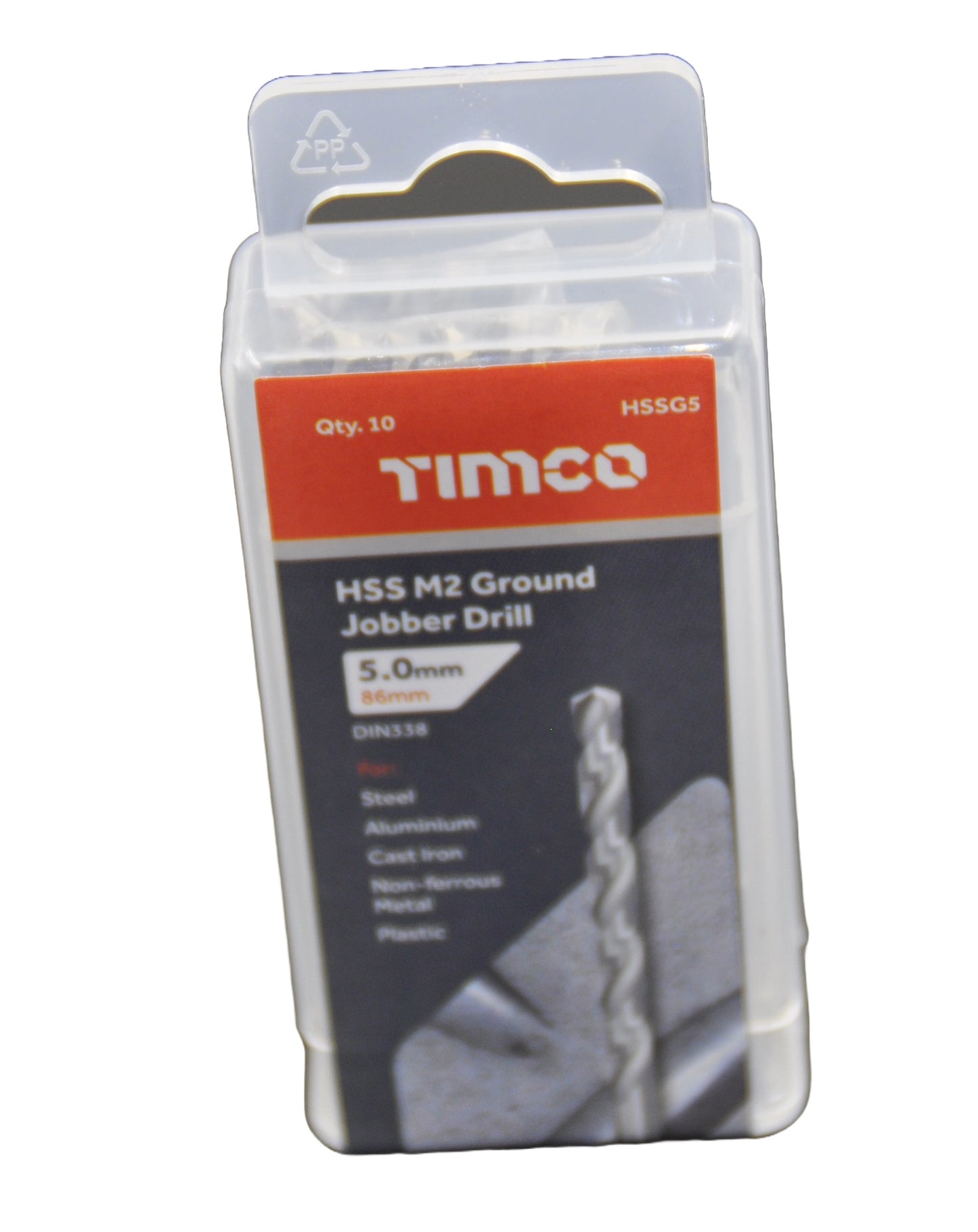 Front view of Timco HSS M2 5mm Ground Jobber Drill packaging with drill bit inside on a white background