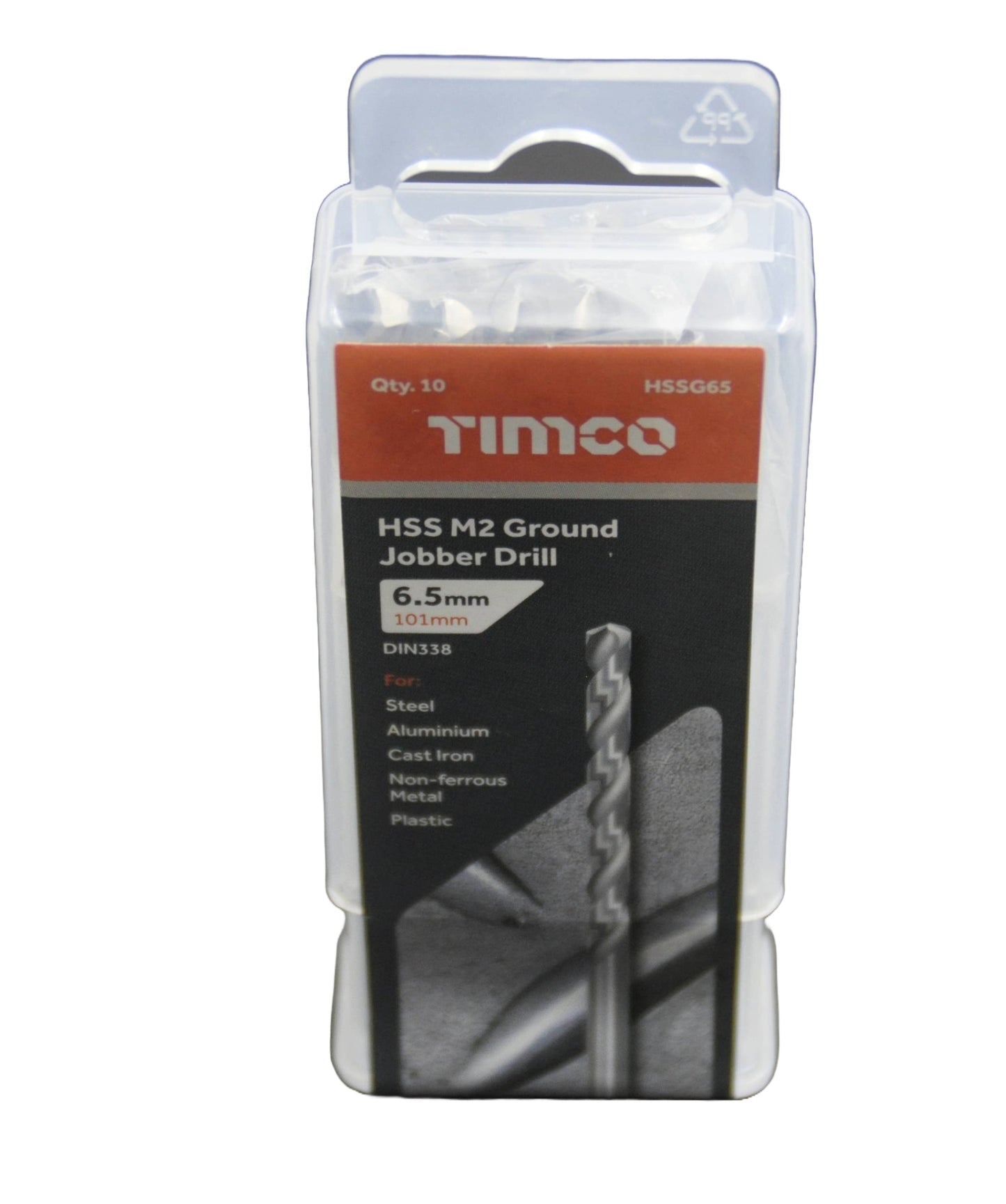 Front view of Timco HSS M2 5.5mm Ground Jobber Drill packaging with drill bit inside on a white background