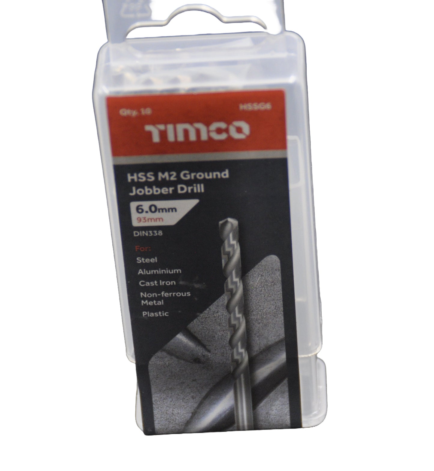 Front view of Timco HSS M2 6mm Ground Jobber Drill packaging with drill bit inside on a white background