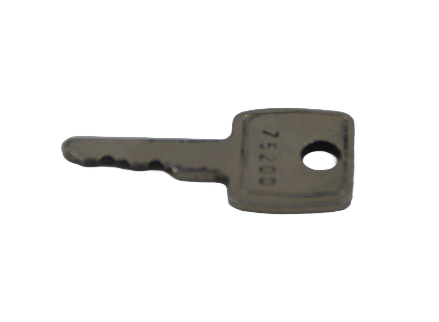 A metal key with the number 75200 engraved on it, On a white background.