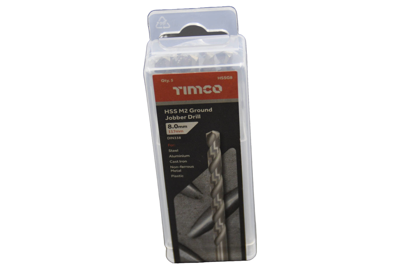 Timco HSS M2 Ground Jobber 8.0mm Drill bit packaging with drill bit inside on a white background