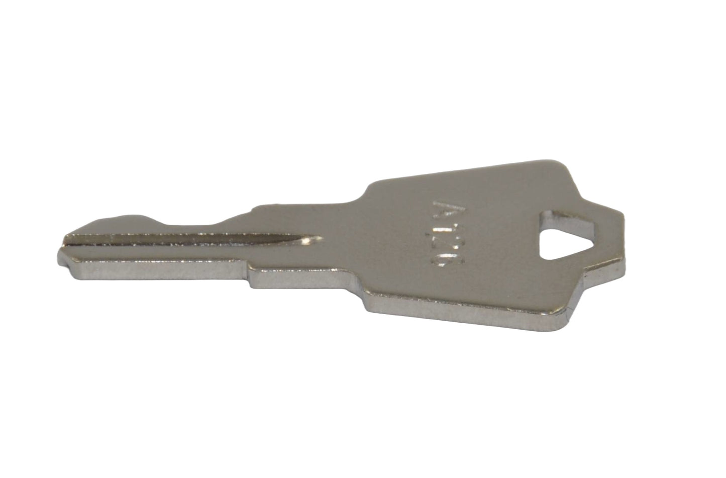 Top side view of a silver-colored A126 replacement key with a brushed stainless-steel finish, featuring a keyway and an embossed number 'A126'. A metal key with the number 75200 engraved on it, On a white background.
