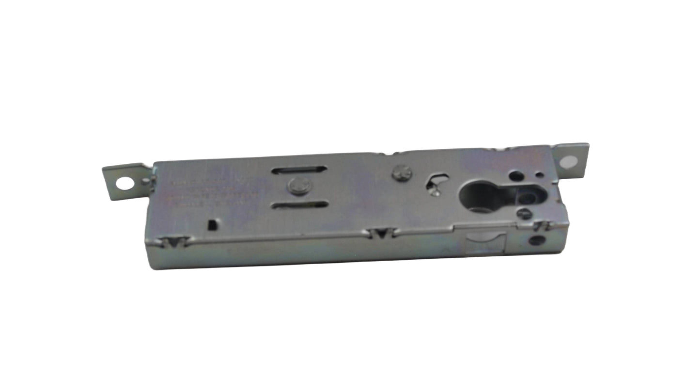 Top rearview of a silver-colored Adams Rite 30mm backset hook bolt case made of zinc-plated steel, designed for use with aluminium doors and Euro Profile cylinders on a white background.