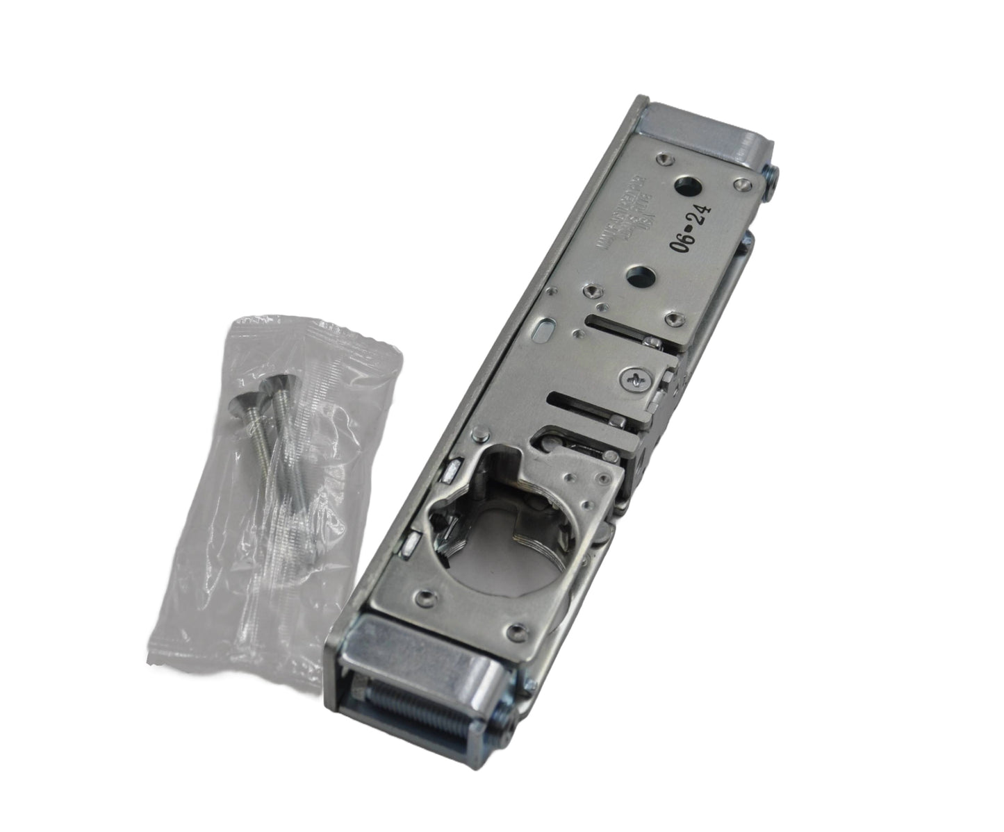 Top view of a Adams Rite 4720 Euro Dead Latch Case for aluminium doors, with fixings in plastic packaging on a white background.