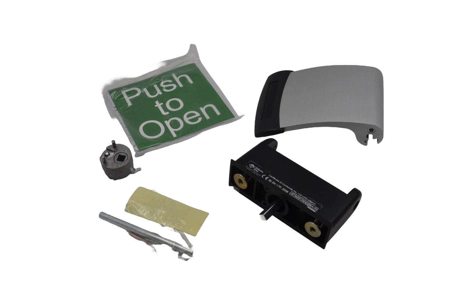 Front view of a Adams Rite Push Paddle Handle components, including the paddle and dogging mechanism, A green square sticker that says Push to Open , fixings and cam separated from each other. On a white back ground.