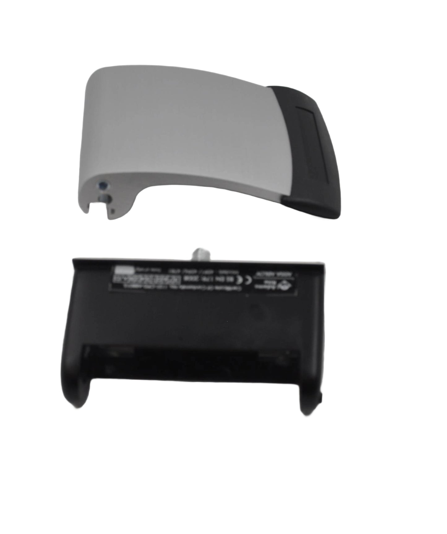 Front view os a Adams Rite Push Paddle Handle components, including the paddle and dogging mechanism, separated from each other. On a white back ground.