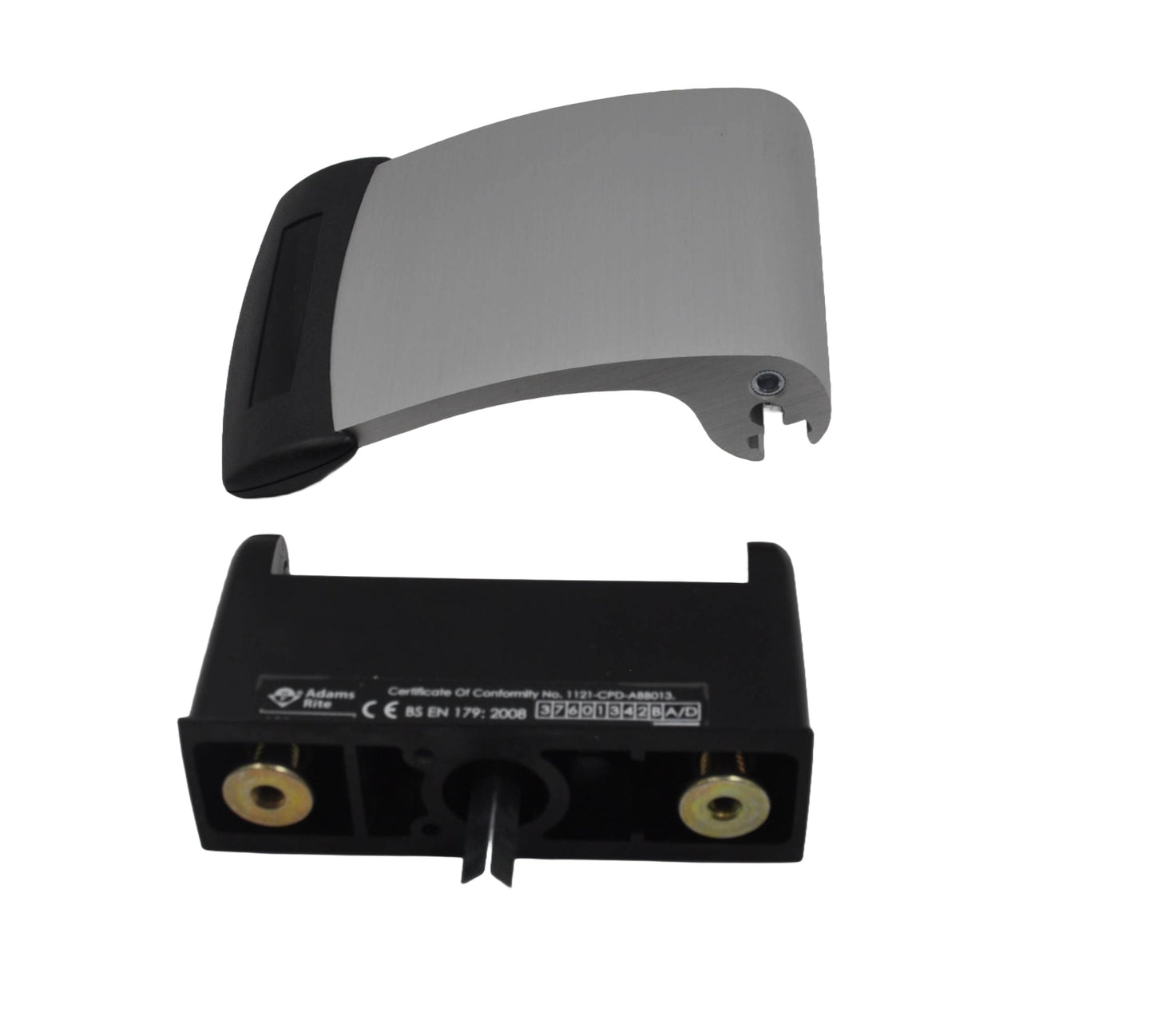 Front view os a Adams Rite Push Paddle Handle components, including the paddle and dogging mechanism, separated from each other. On a white back ground.