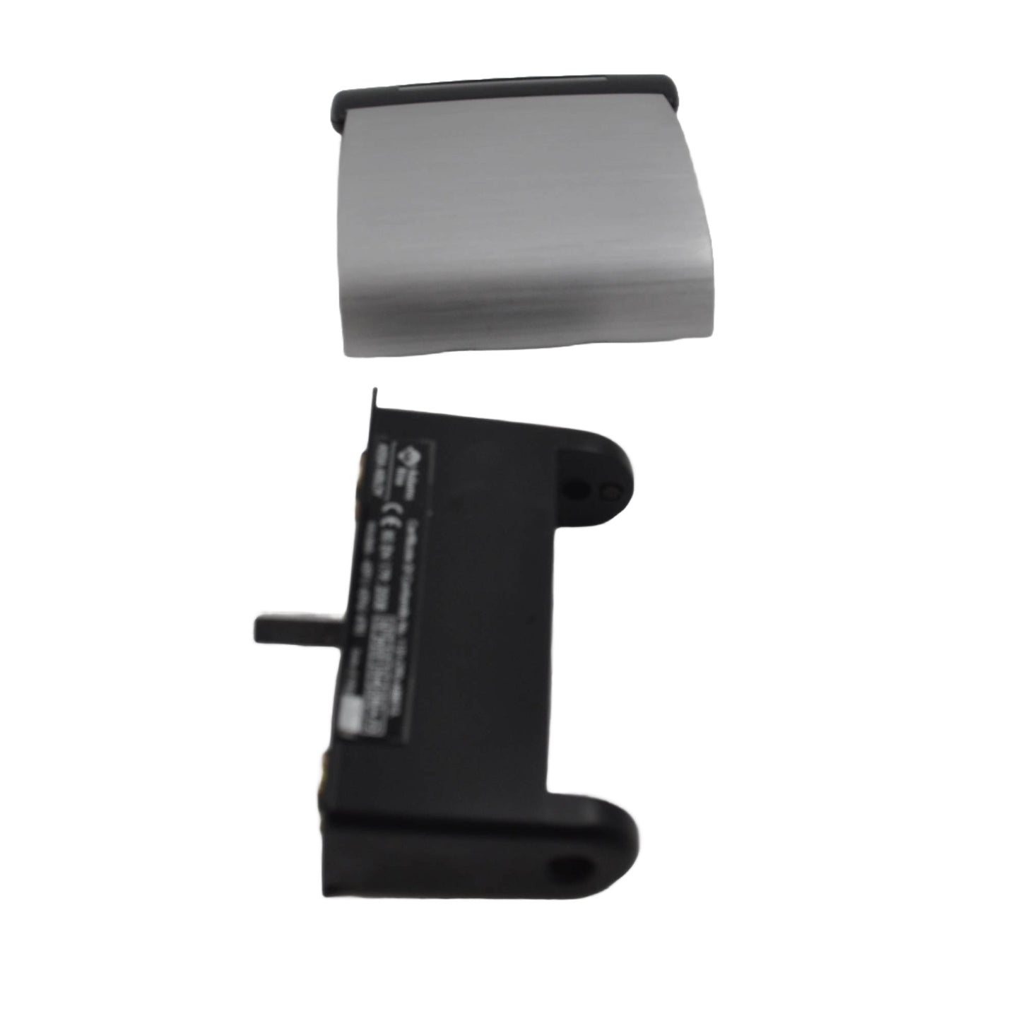 Top view os a Adams Rite Push Paddle Handle components, including the paddle and dogging mechanism, separated from each other. On a white back ground.