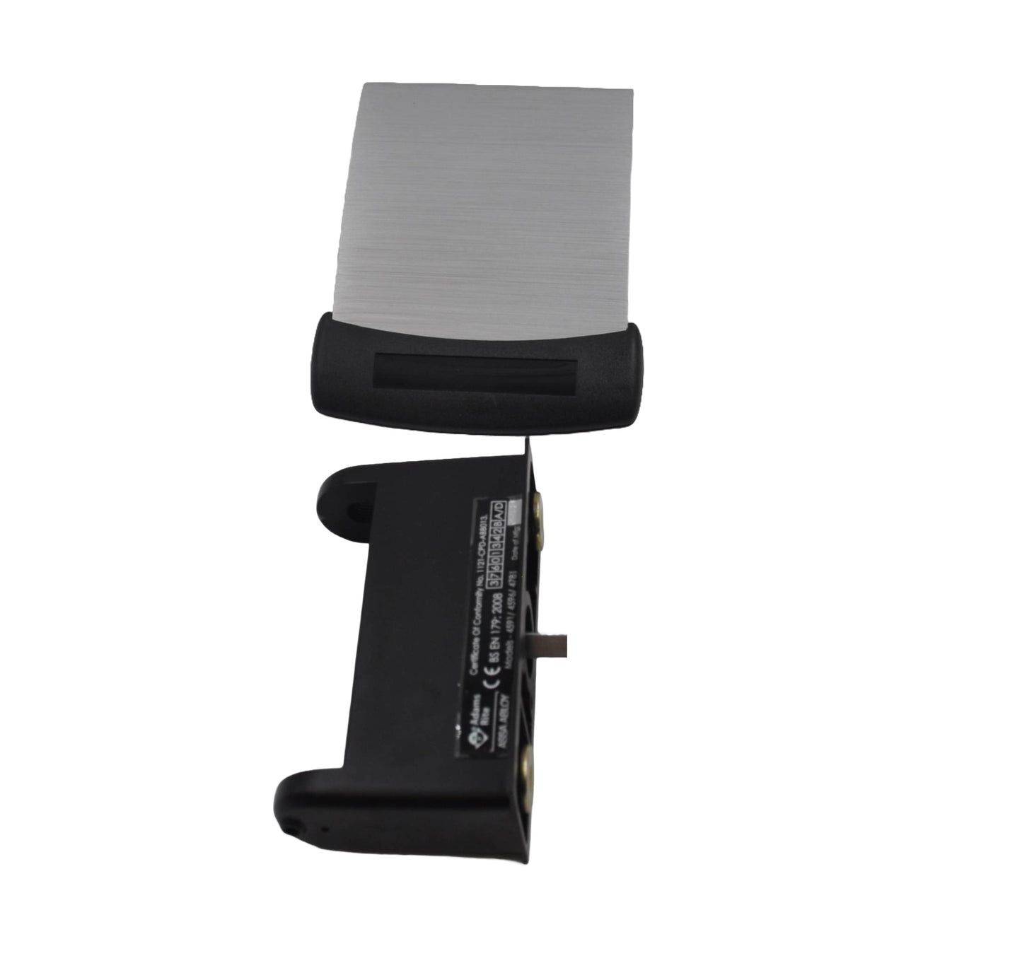 Top view os a Adams Rite Push Paddle Handle components, including the paddle and dogging mechanism, separated from each other. On a white back ground.