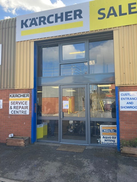 Images shows Kärcher service and repair centre with Aluminium shop front .