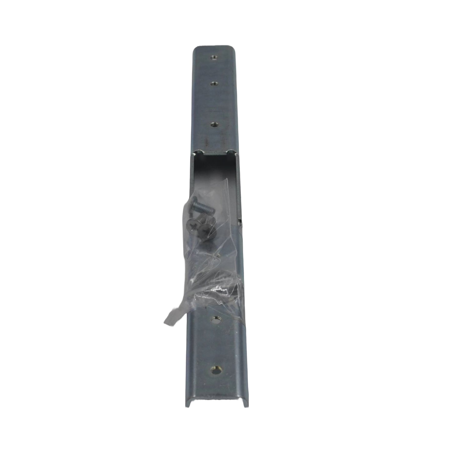A silver steel armoured strike plate designed for use with MS 2200 series hook bolt, featuring corrosion-resistant plating. With fixings in plastic, On a white background.
