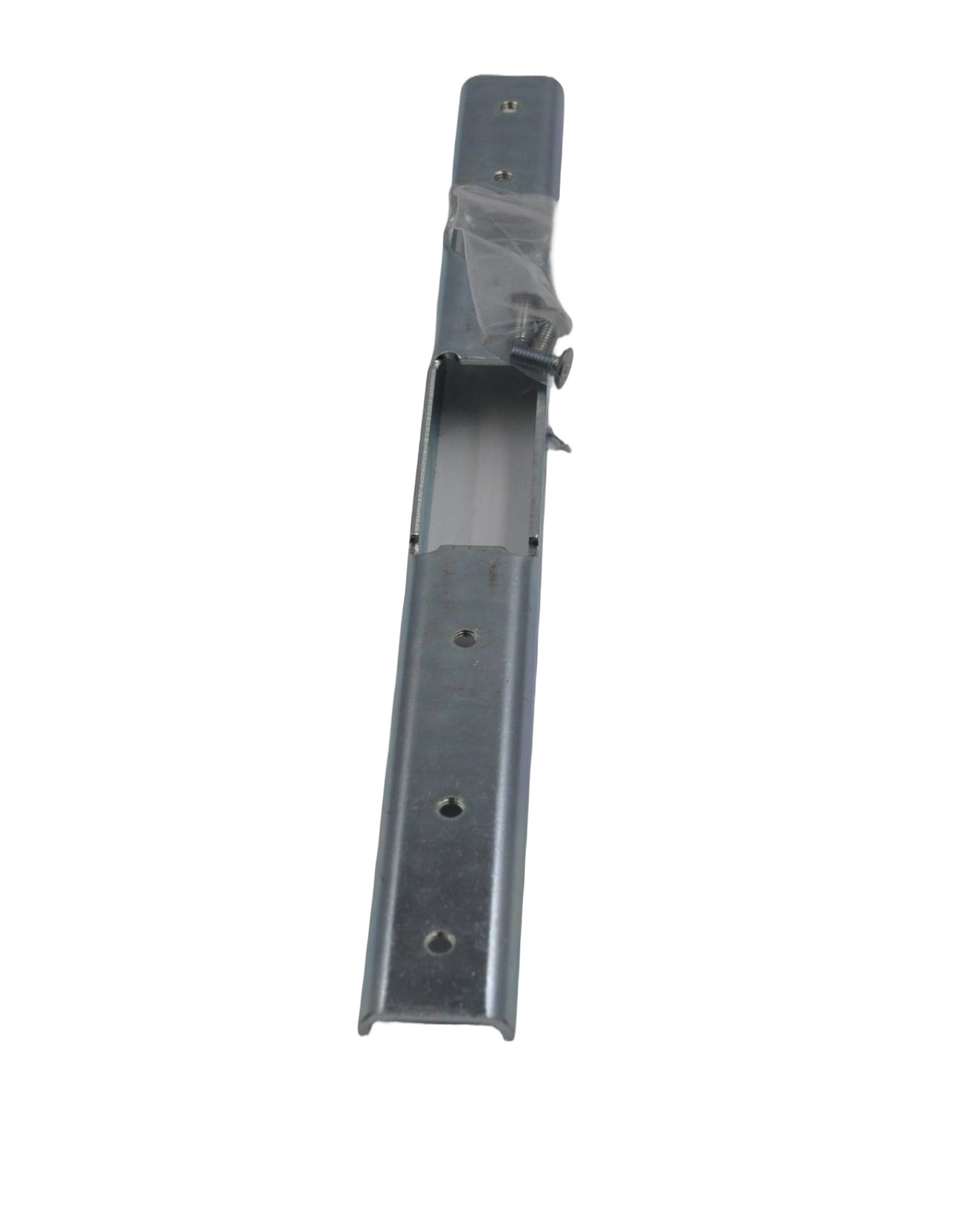 A silver steel armoured strike plate designed for use with MS 2200 series hook bolt, featuring corrosion-resistant plating. With fixings in plastic, On a white background.