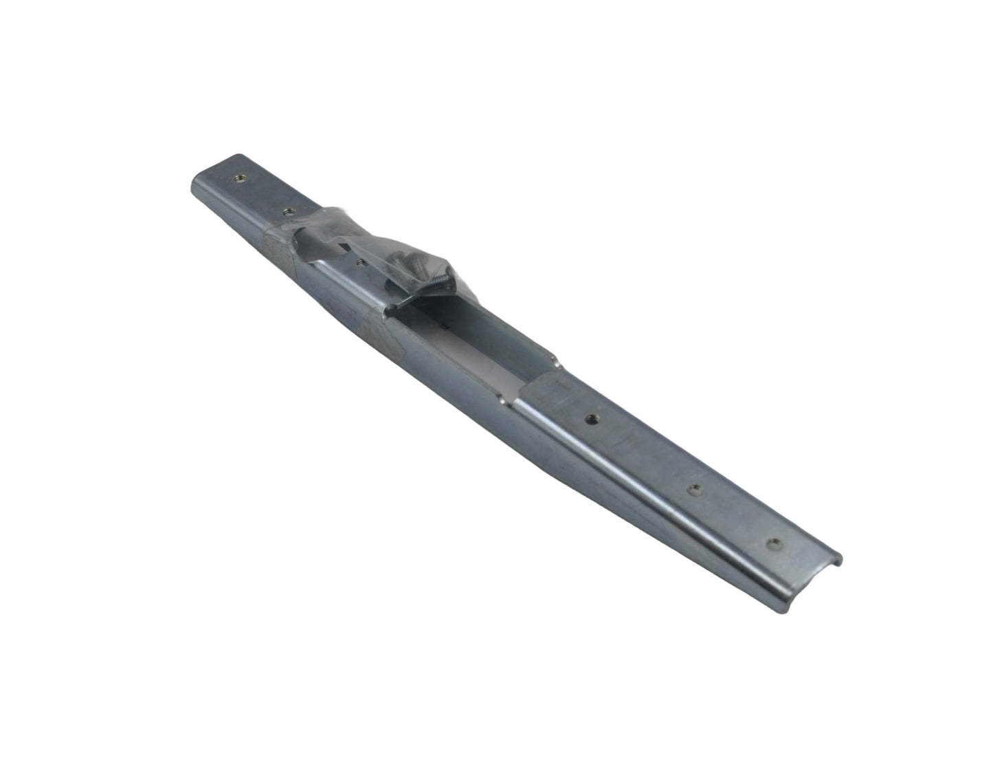 A silver steel armoured strike plate designed for use with MS 2200 series hook bolt, featuring corrosion-resistant plating. With fixings in plastic, On a white background.