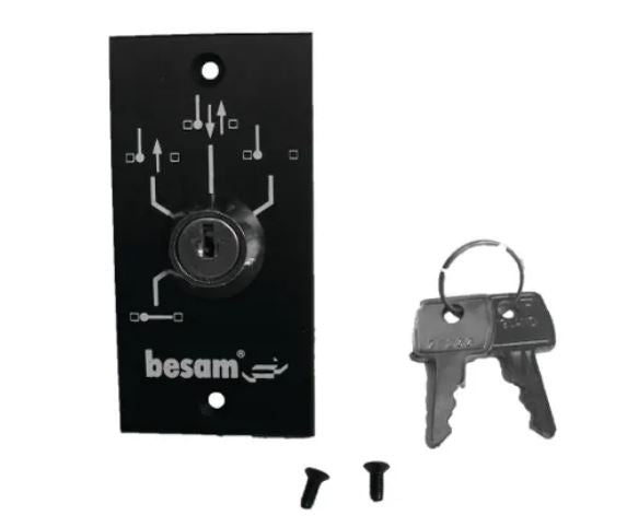 Assa abloy program selector consisting of a Lock plate with key and screws on a white background, featuring the brand 'besam'.
