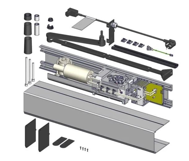 Door operator diagram with mechanical components, cover and fixings, on a white background.