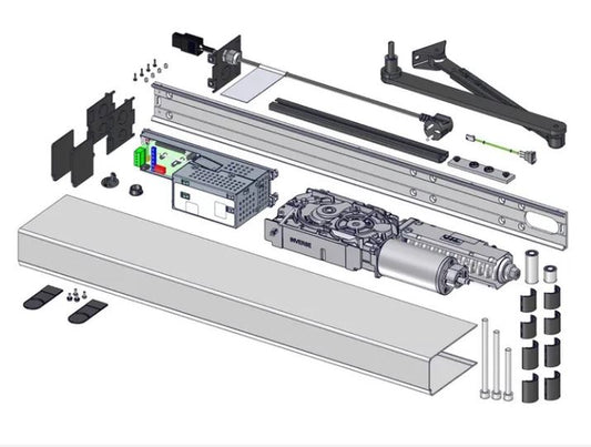 Diagram of a swing operator with all of the components exposed, on a white background.