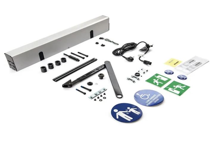 Swing door operator with components and fixings, labels in blue, white and green, on a white background.