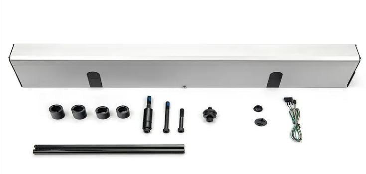 Swing door operator with components and fixings, on a white background.