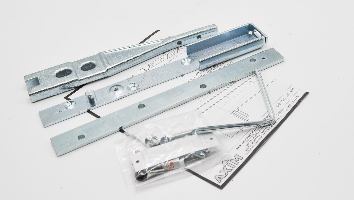 Image showing components of a Axim TC-8800-15 End Load Arm and Channel – Anti-Finger Trap for Aluminium Doors, with fixings in clear packaging on top of instructions with the word Axim printed on a white background.