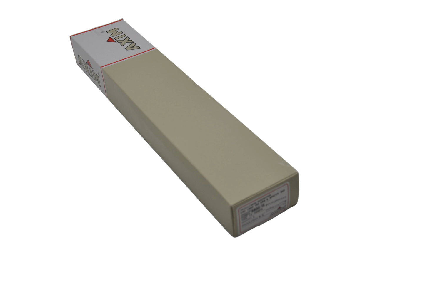 Top view of a rectangular beige box with the word Axim printed on the top, on a white background.