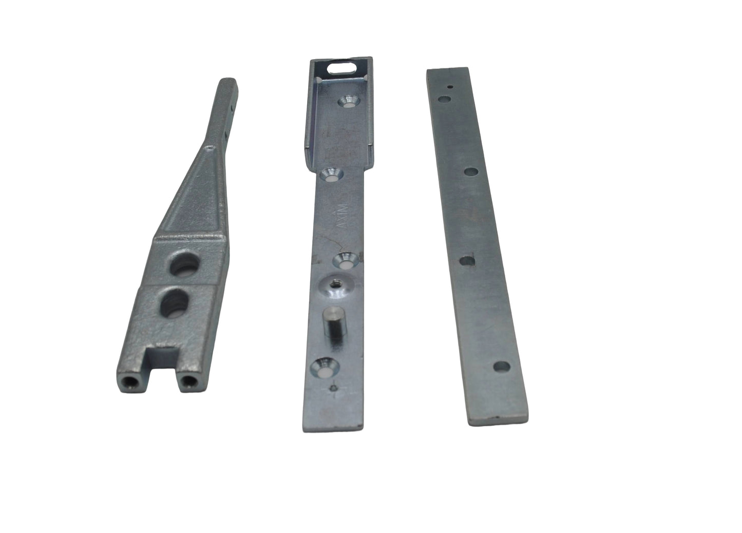Image showing three seperate components of a Axim TC-8800-15 End Load Arm and Channel – Anti-Finger Trap for Aluminium Doors, on a white background.