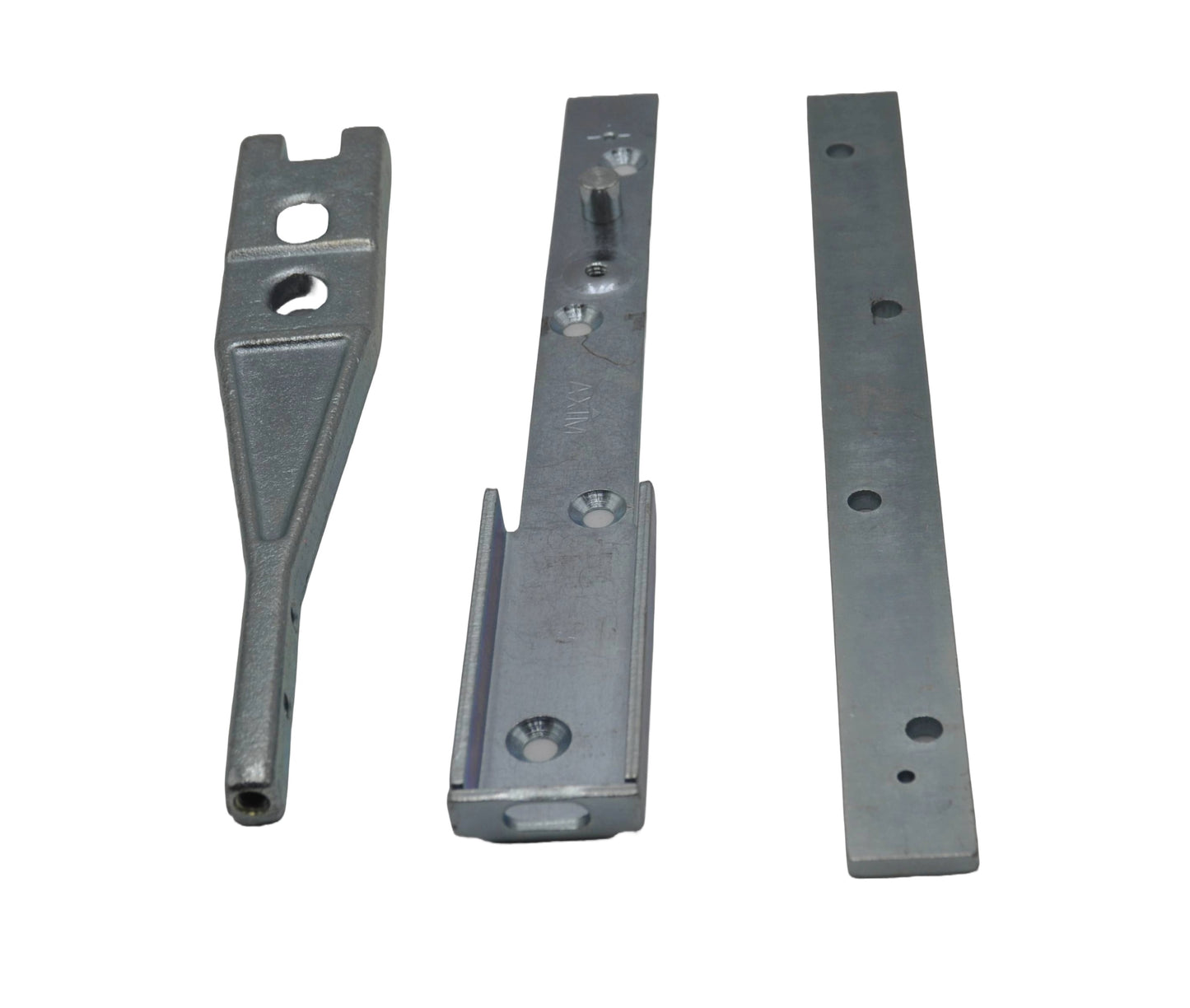 Image showing three separate components of a Axim TC-8800-15 End Load Arm and Channel – Anti-Finger Trap for Aluminium Doors, on a white background.