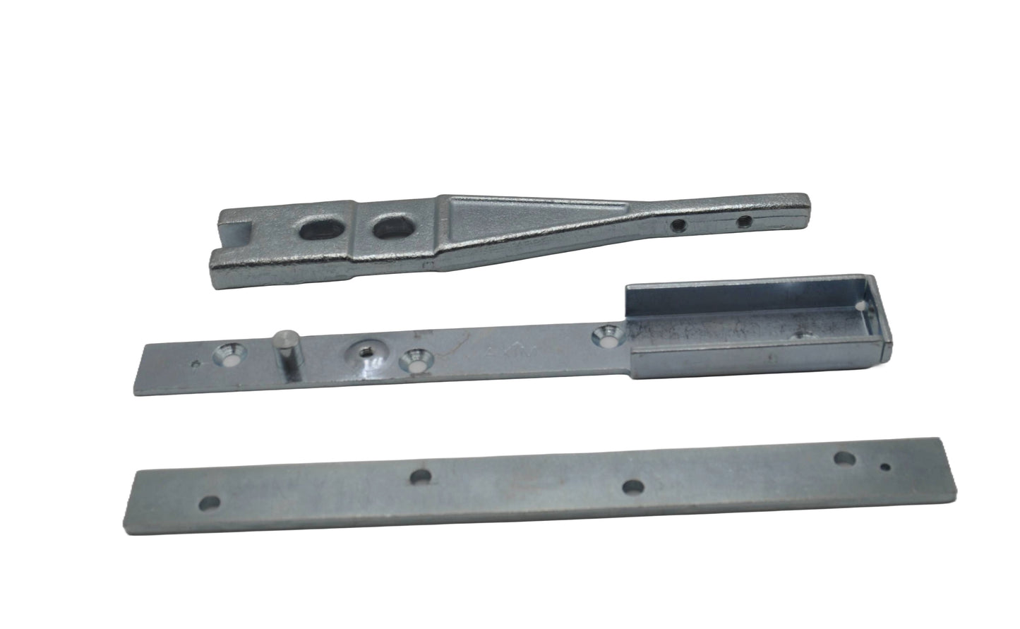 Image showing three seperate components of a Axim TC-8800-15 End Load Arm and Channel – Anti-Finger Trap for Aluminium Doors, on a white background.