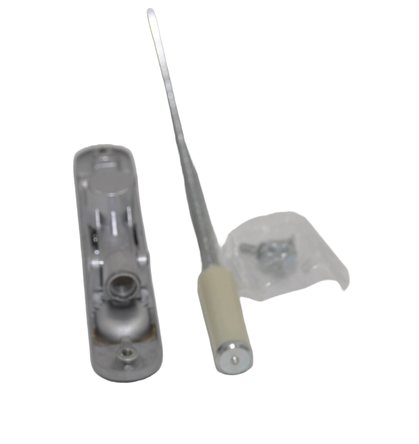 Axim FB-6201-F12 Flush Bolt Lever Action, with threaded bolt, Silver Finish with nut and bolt in clear packaging on a white background.