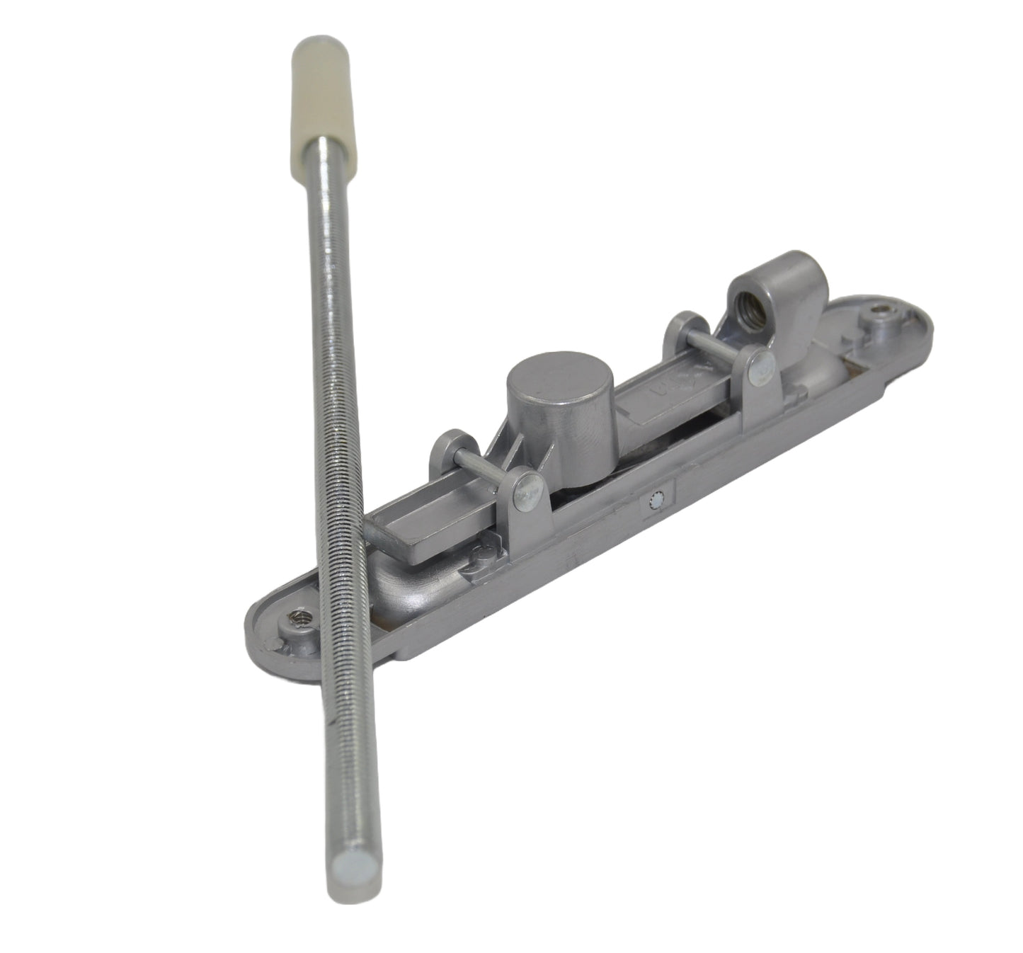 Axim FB-6201-F12 Flush Bolt Lever Action, with threaded bolt, Silver Finish on a white background.