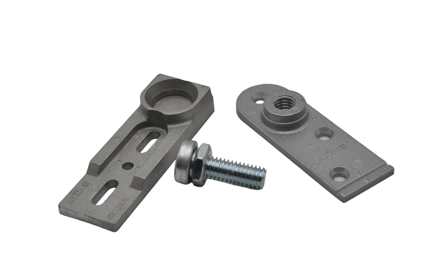 An image showing the components of the Axim TC9500-17 Heavy Duty Bottom Pivot Set, which include aluminium pivot points and mounting hardware. On a white background.