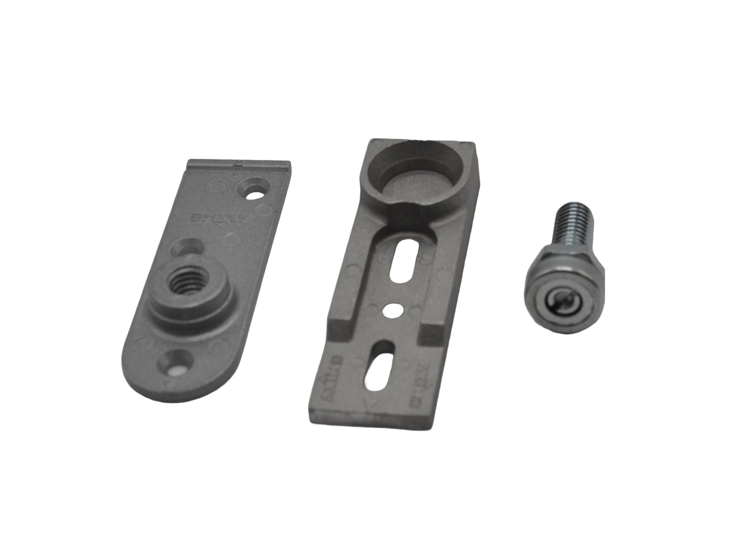 An image showing the components of the Axim TC9500-17 Heavy Duty Bottom Pivot Set, which include aluminium pivot points and mounting hardware. On a white background.