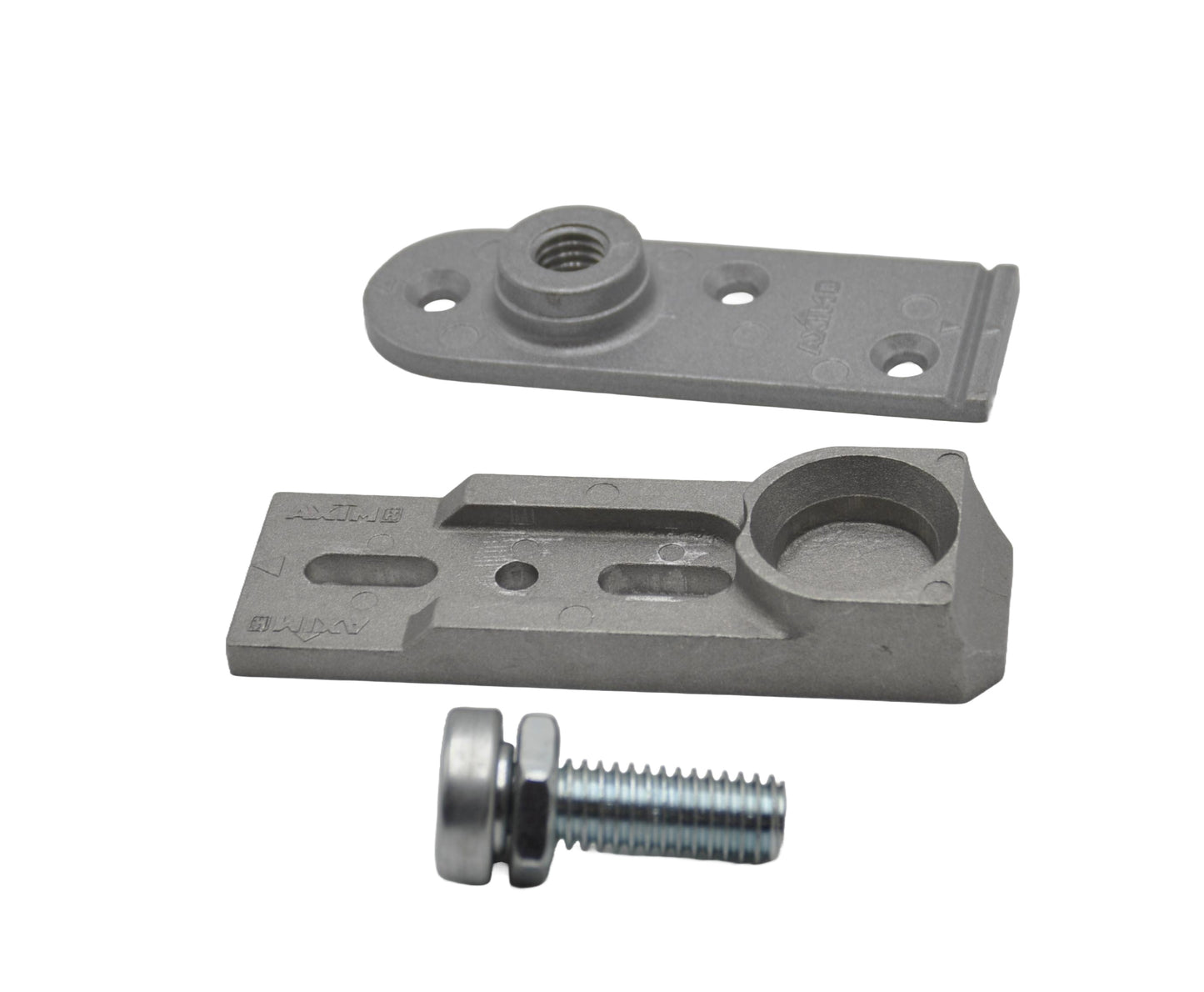 An image showing the components of the Axim TC9500-17 Heavy Duty Bottom Pivot Set, which include aluminium pivot points and mounting hardware. On a white background.