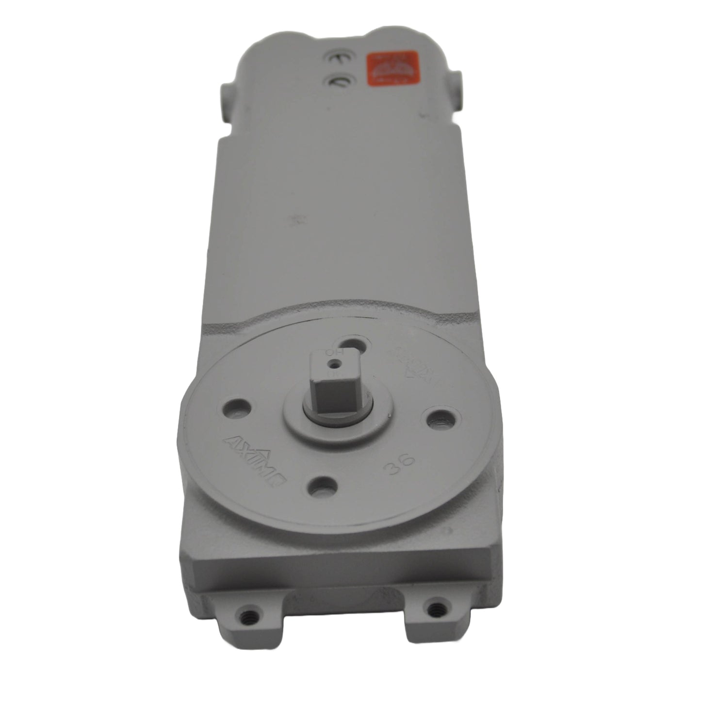 Top view of A concealed transom door closer with red sticker, with its components partially visible, on a white background.