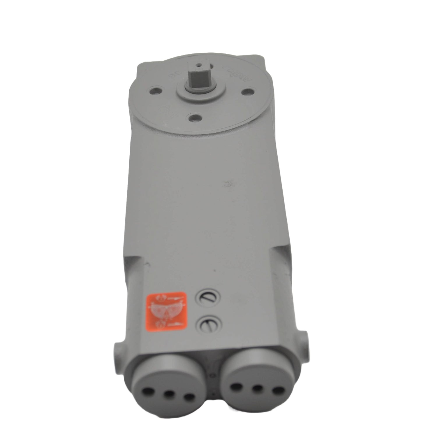 Rear top view of A concealed transom door closer with red sticker, with its components partially visible, on a white background.