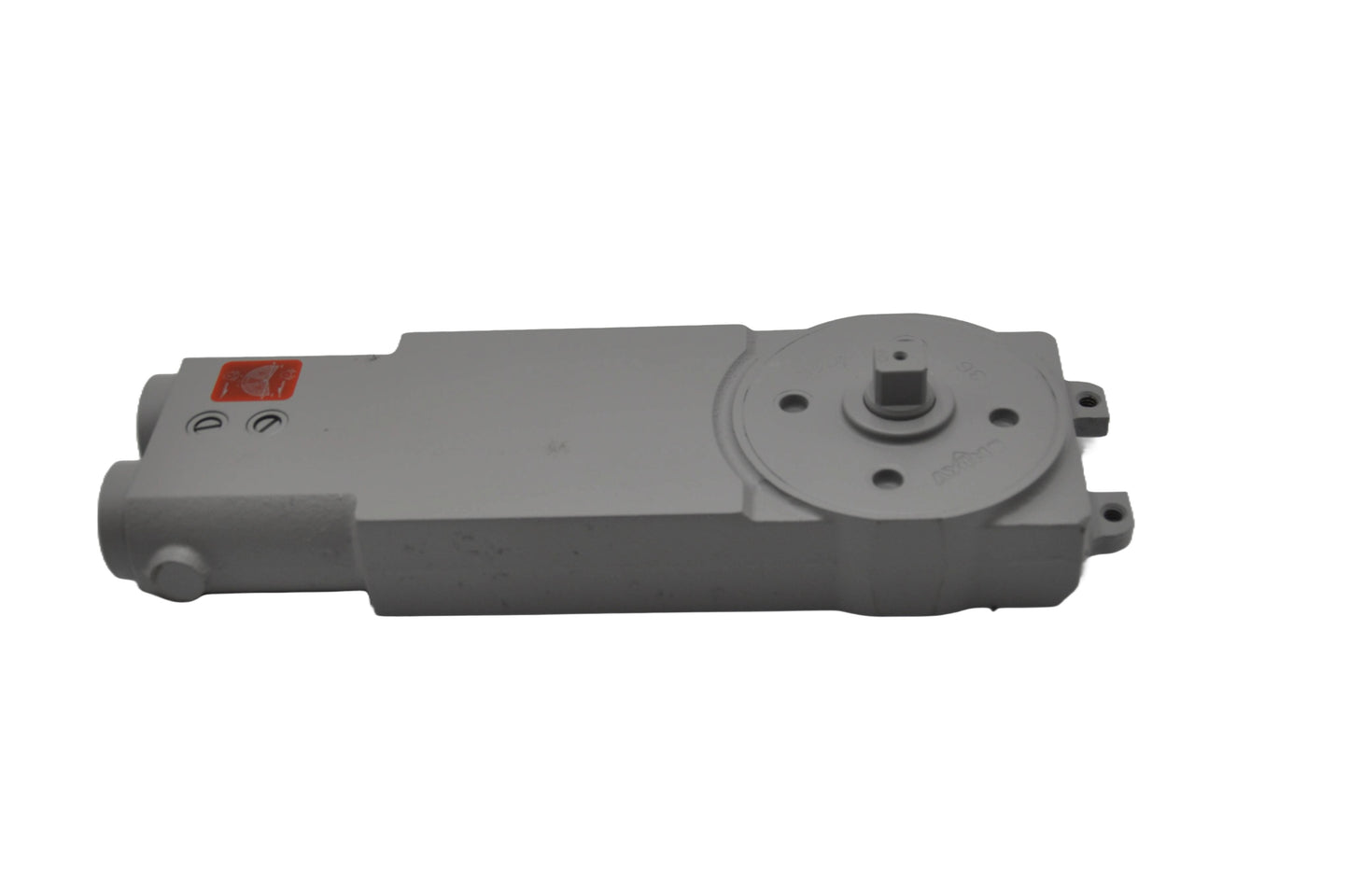 Top side view of A concealed transom door closer with red sticker, with its components partially visible, on a white background.