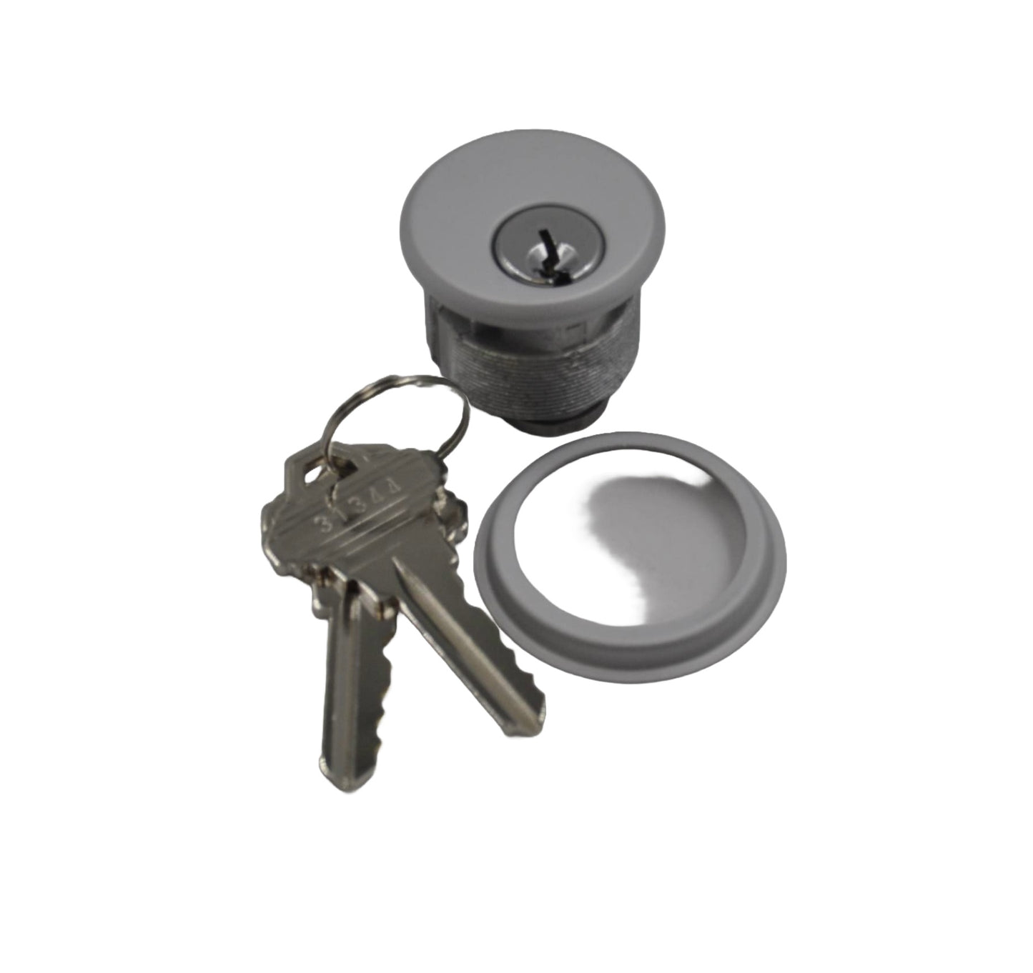 Top view of A nickel-plated screw-in cylinder lock with surround and two keys on a keyring designed for commercial aluminium doors. On a white background.